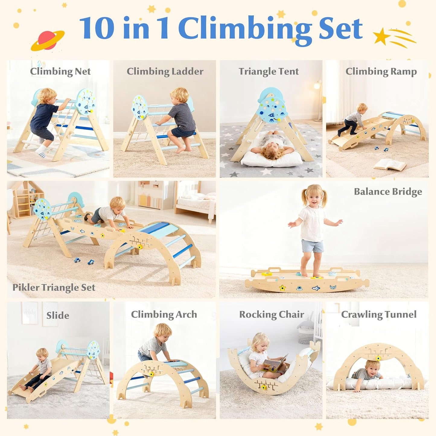 Olakids Pikler Triangle Set, 13 in 1 Astronaut Theme Foldable Wooden Montessori Toddler Climbing Toys