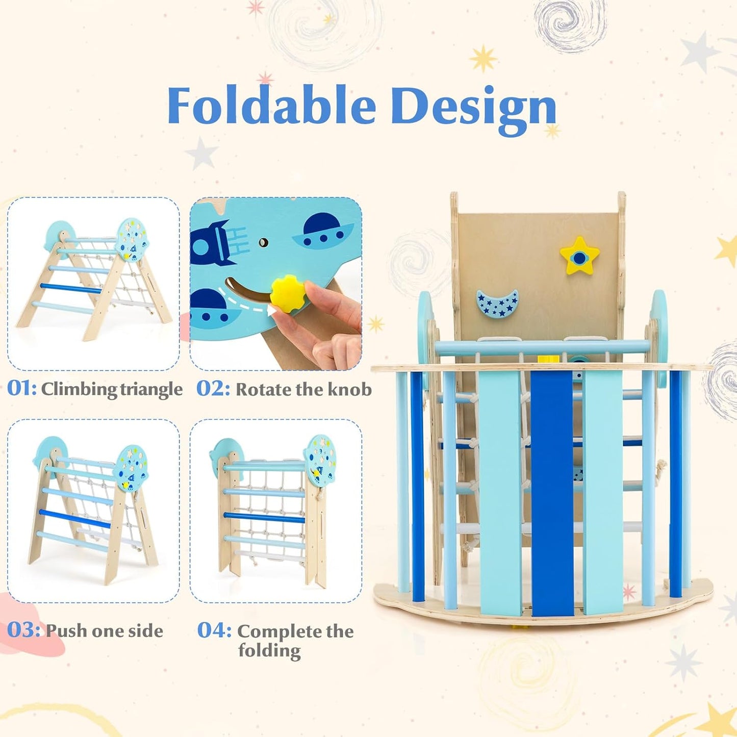 Olakids Pikler Triangle Set, 13 in 1 Astronaut Theme Foldable Wooden Montessori Toddler Climbing Toys