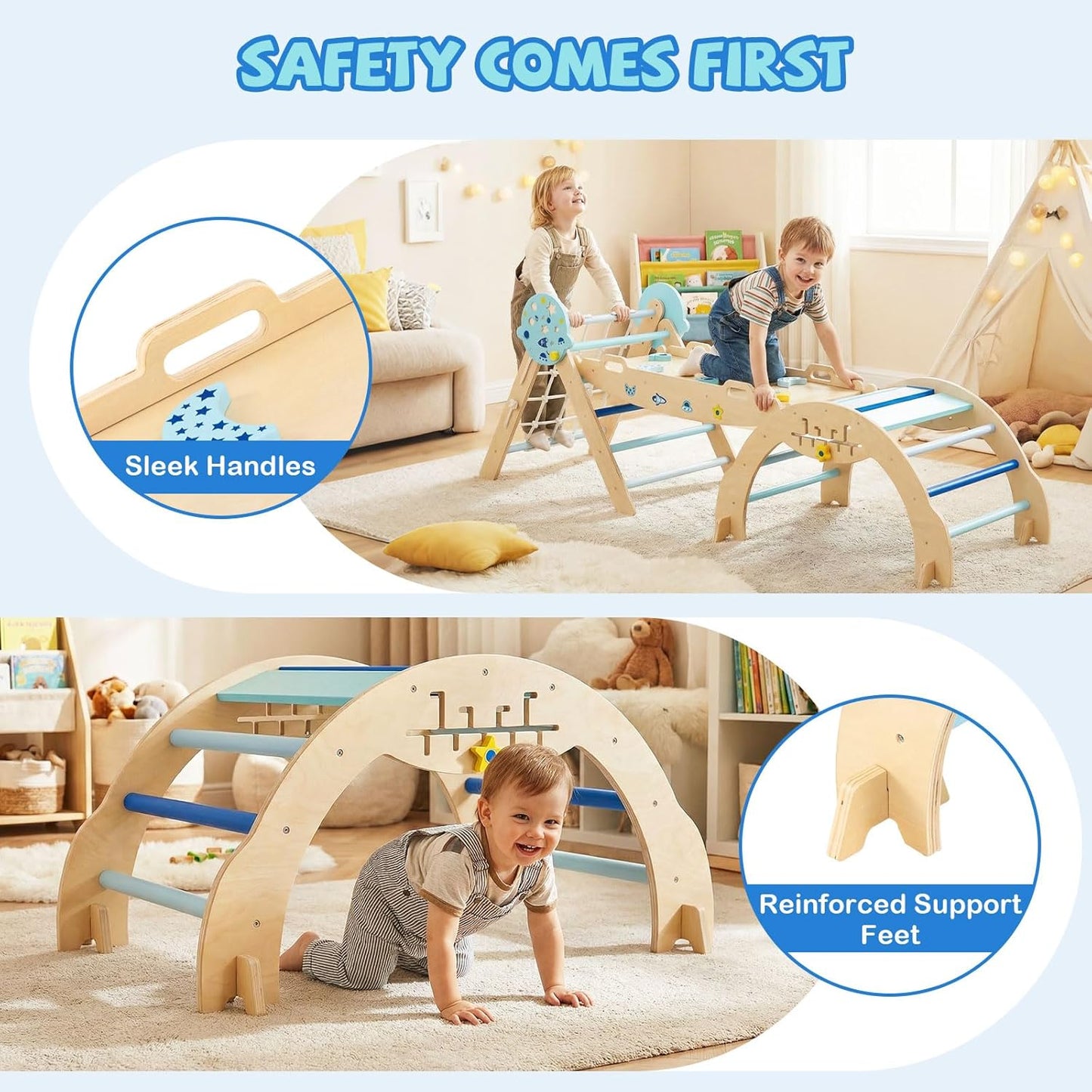 Olakids Pikler Triangle Set, 13 in 1 Astronaut Theme Foldable Wooden Montessori Toddler Climbing Toys