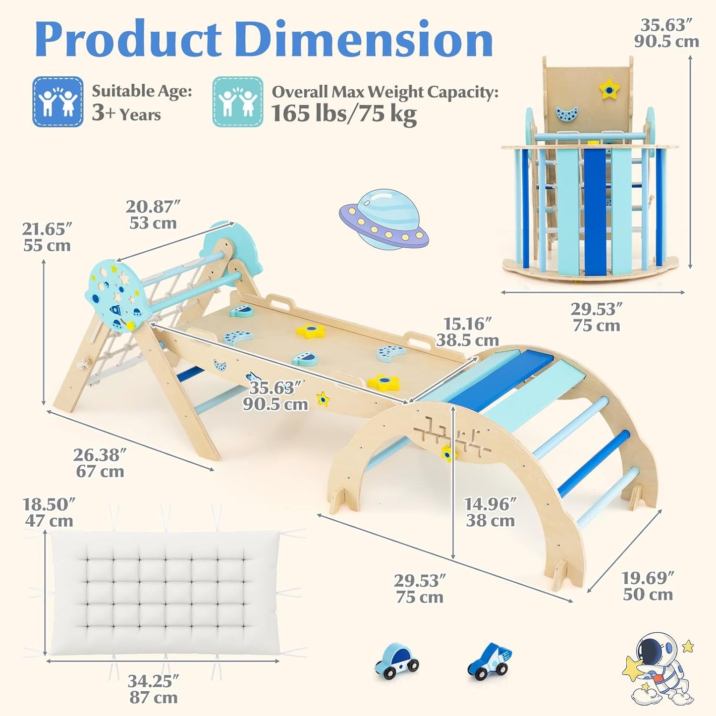 Olakids Pikler Triangle Set, 13 in 1 Astronaut Theme Foldable Wooden Montessori Toddler Climbing Toys