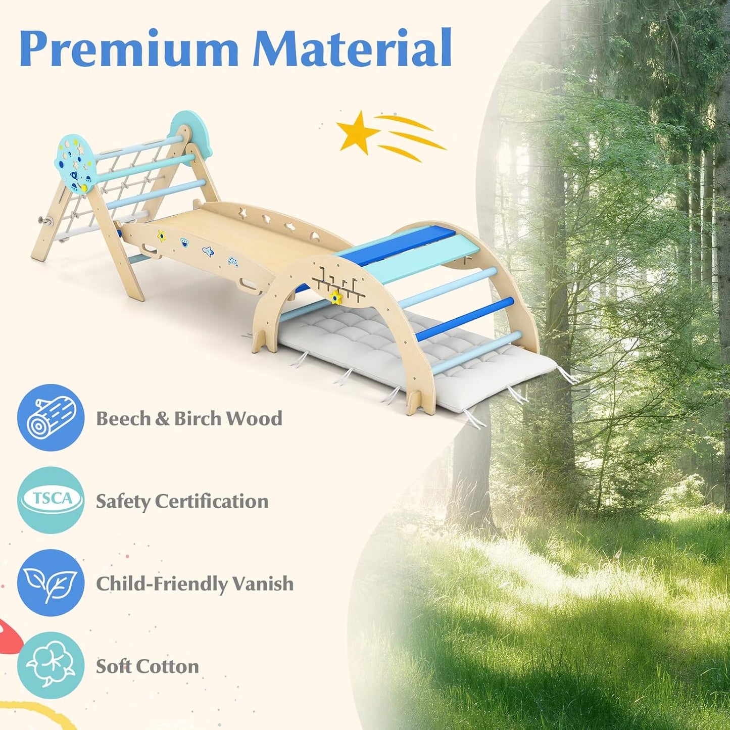 Olakids Pikler Triangle Set, 13 in 1 Astronaut Theme Foldable Wooden Montessori Toddler Climbing Toys