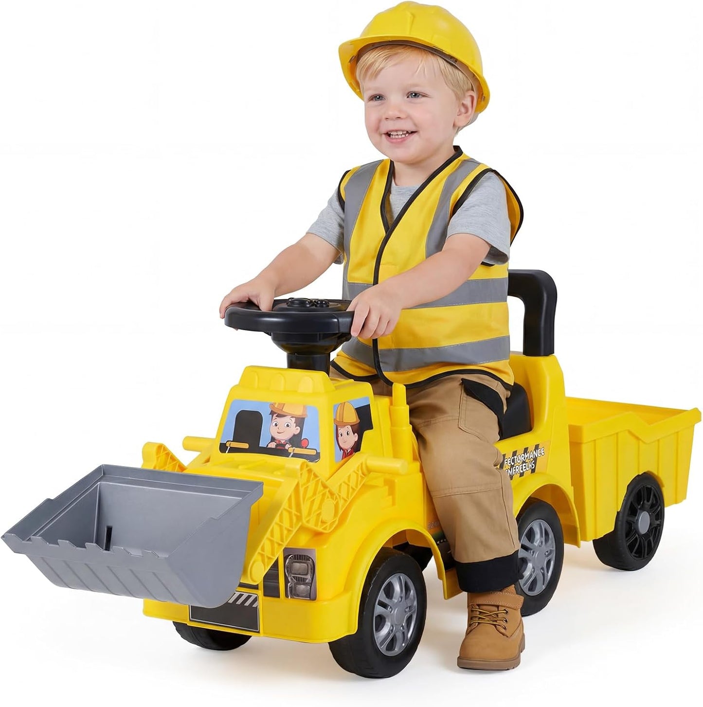 OLAKIDS 3-in-1 Ride on Bulldozer with Adjustable Bucket, Detachable Trailer, Under Seat Storage Pretend Play Excavator Construction Car for Toddlers