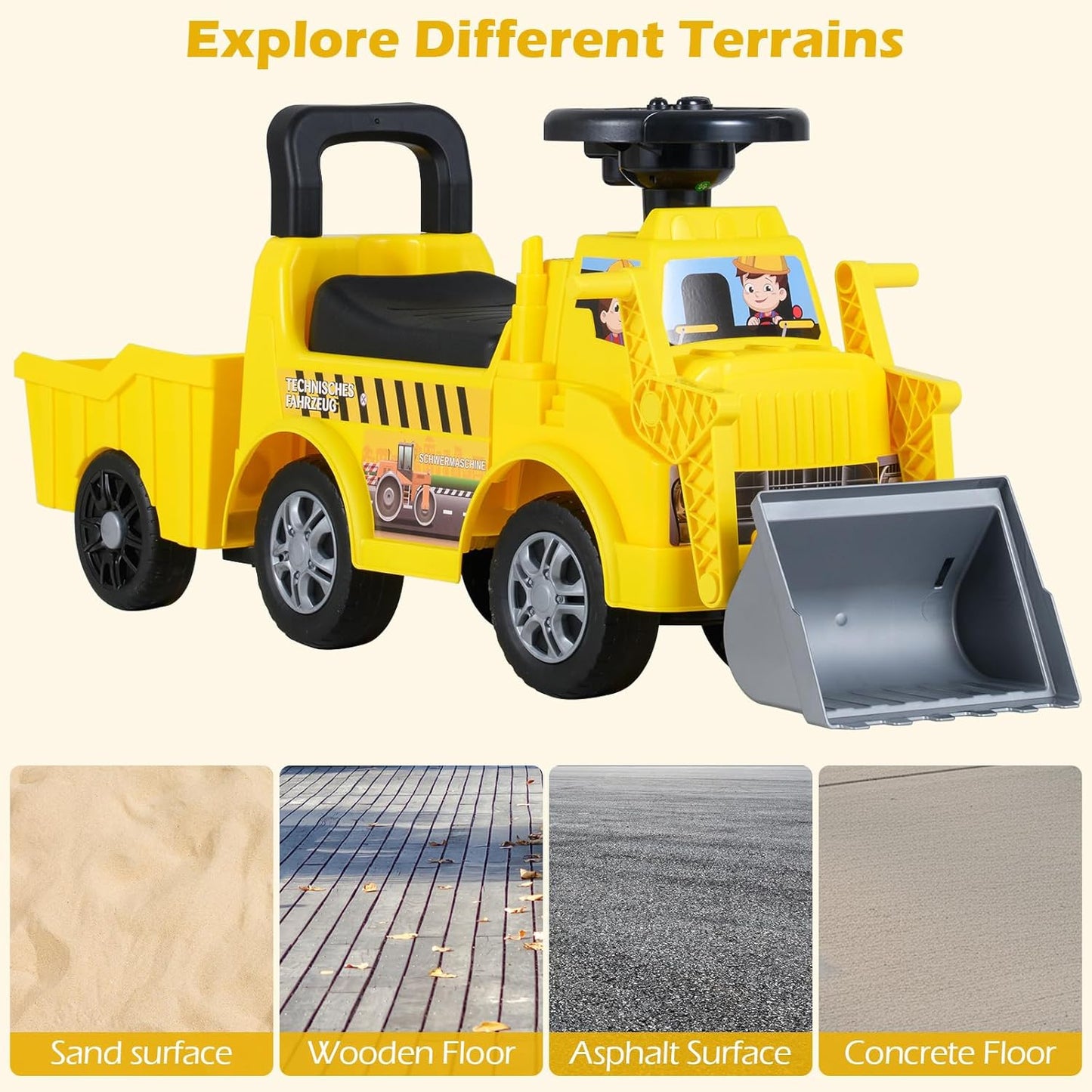 OLAKIDS 3-in-1 Ride on Bulldozer with Adjustable Bucket, Detachable Trailer, Under Seat Storage Pretend Play Excavator Construction Car for Toddlers