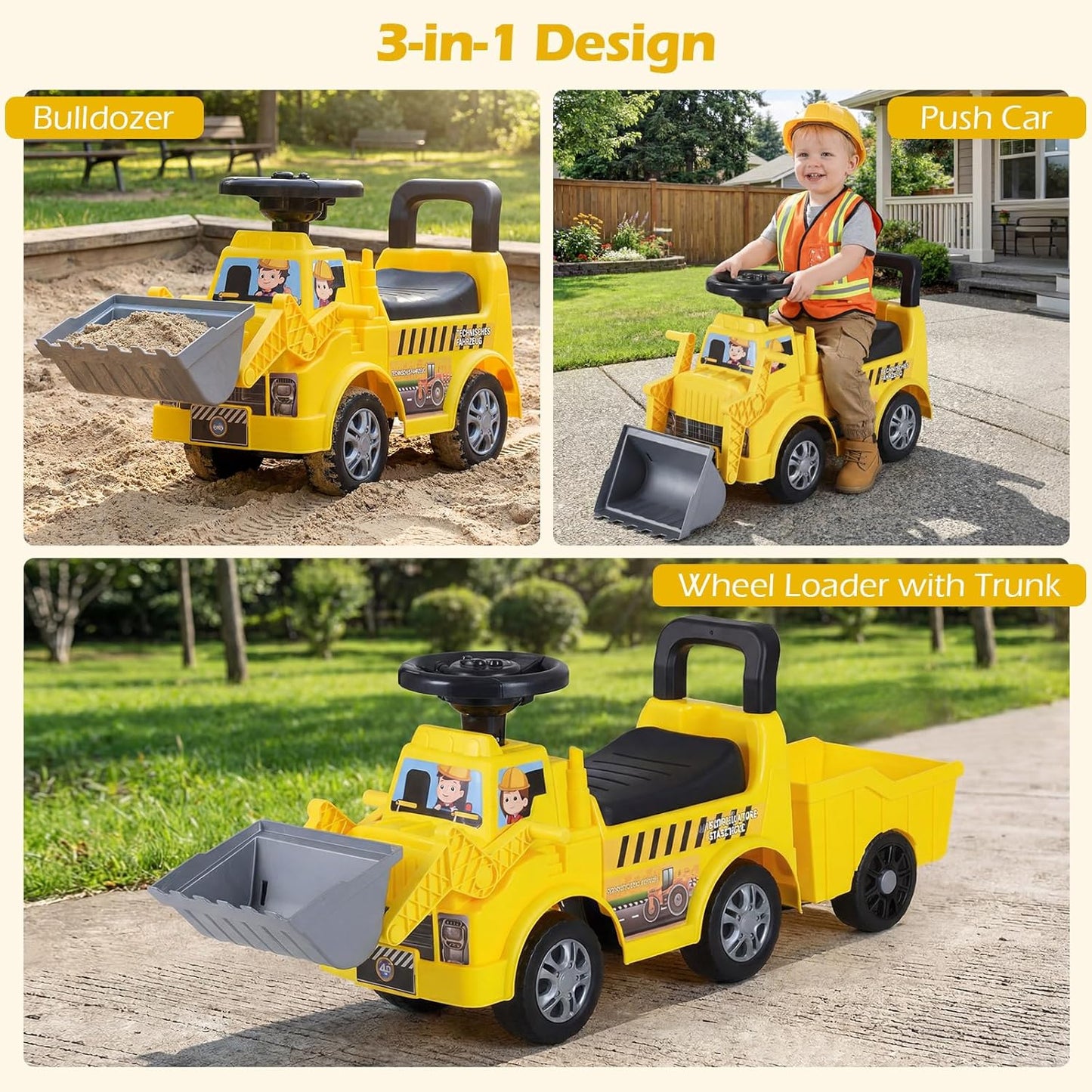 OLAKIDS 3-in-1 Ride on Bulldozer with Adjustable Bucket, Detachable Trailer, Under Seat Storage Pretend Play Excavator Construction Car for Toddlers