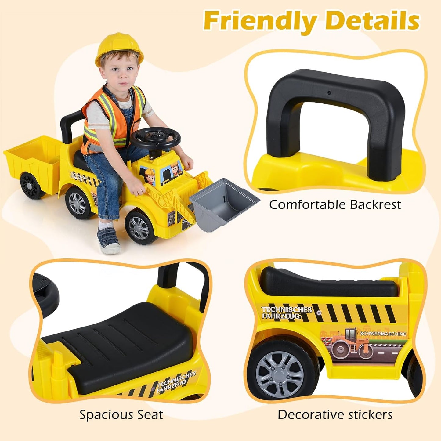 OLAKIDS 3-in-1 Ride on Bulldozer with Adjustable Bucket, Detachable Trailer, Under Seat Storage Pretend Play Excavator Construction Car for Toddlers