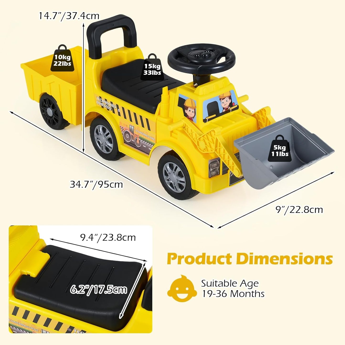 OLAKIDS 3-in-1 Ride on Bulldozer with Adjustable Bucket, Detachable Trailer, Under Seat Storage Pretend Play Excavator Construction Car for Toddlers