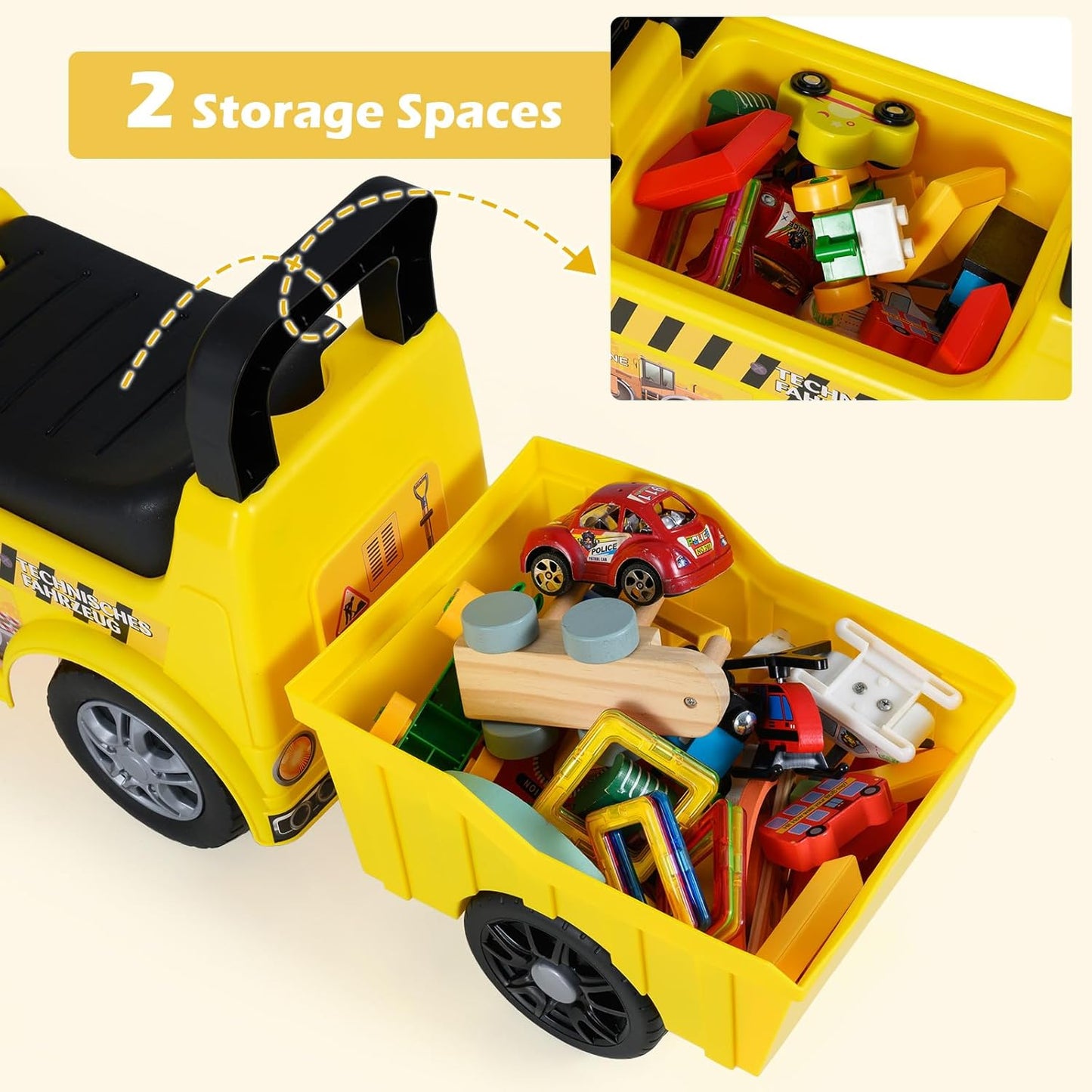 OLAKIDS 3-in-1 Ride on Bulldozer with Adjustable Bucket, Detachable Trailer, Under Seat Storage Pretend Play Excavator Construction Car for Toddlers