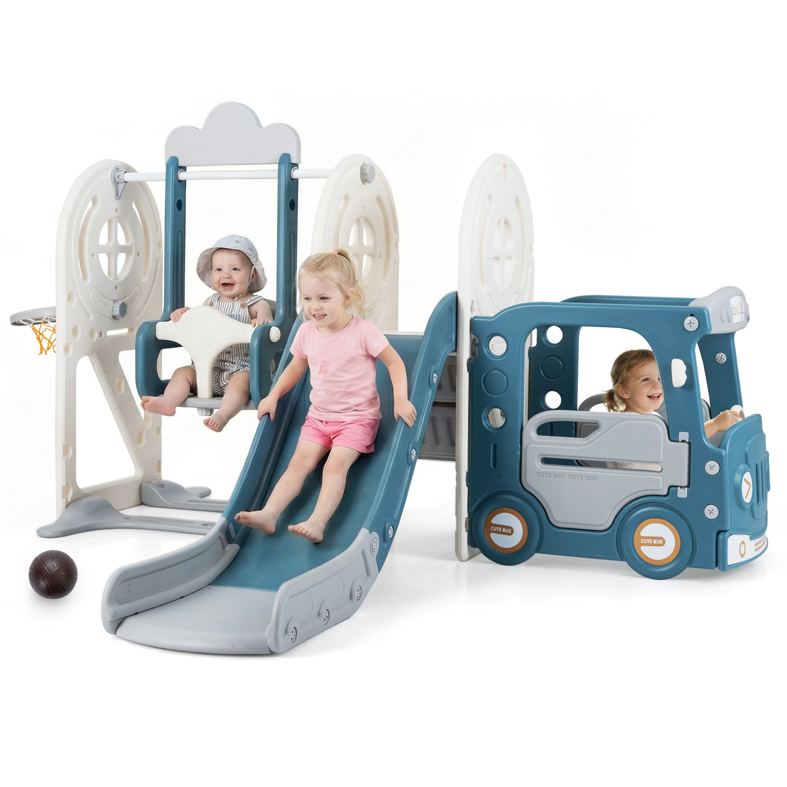 OLAKIDS 5 in 1 Bus Themed Toddler Slide & Swing Set with Climber, Basketball Hoop & Playhouse