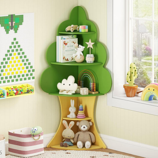 OLAKIDS Tree Kids Bookshelf, Wood 5-Tier Corner Bookcase, Baby Montessori Shelf Rack Children's Bookcase