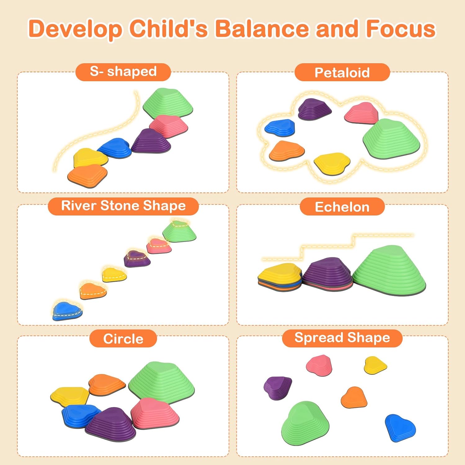 OLAKIDS Balance Stepping Stones for Kids 6pcs Non-Slip Plastic Balance Stones for Age 3-8 Years