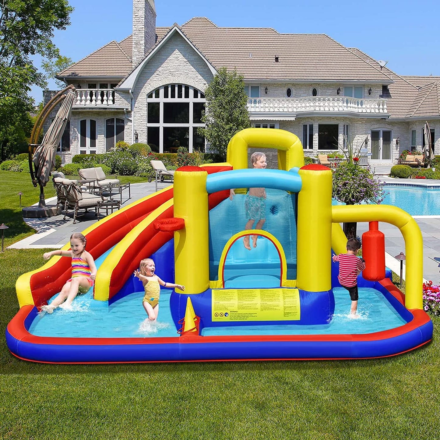 OLAKIDS Inflatable Water Slide, 8 in 1 Bounce House Water Park with Slide Splash Pool Climbing Wall Basketball Hoop Ring Toss, Outdoor Inflatable Obstacle Course for Kids Backyard