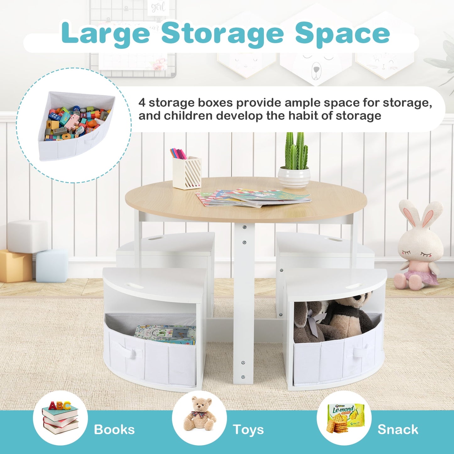 OLAKIDS Toddler Table and Chair Set, Wooden Table and 4 Chairs with Nesting Design, Storage Drawers, Children Multi-Activity Table for Art, Crafts, Draw, Read for Boys Girls Aged 3+