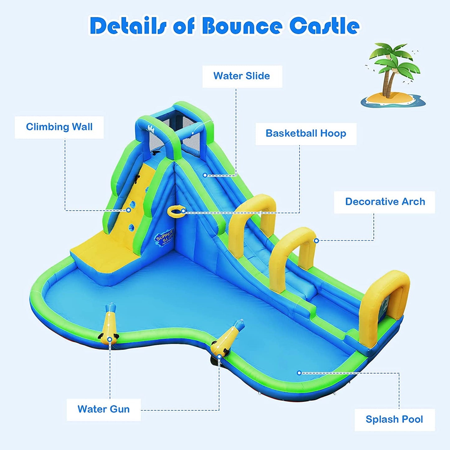 OLAKIDS Inflatable Water Slide, Bouncing House with Slide, Climbing Wall, Splash Pool, Basketball Rim, 2 Water Guns, Jumping Castle, Accessories with Carrying Bag, Repairing Kit, Hose