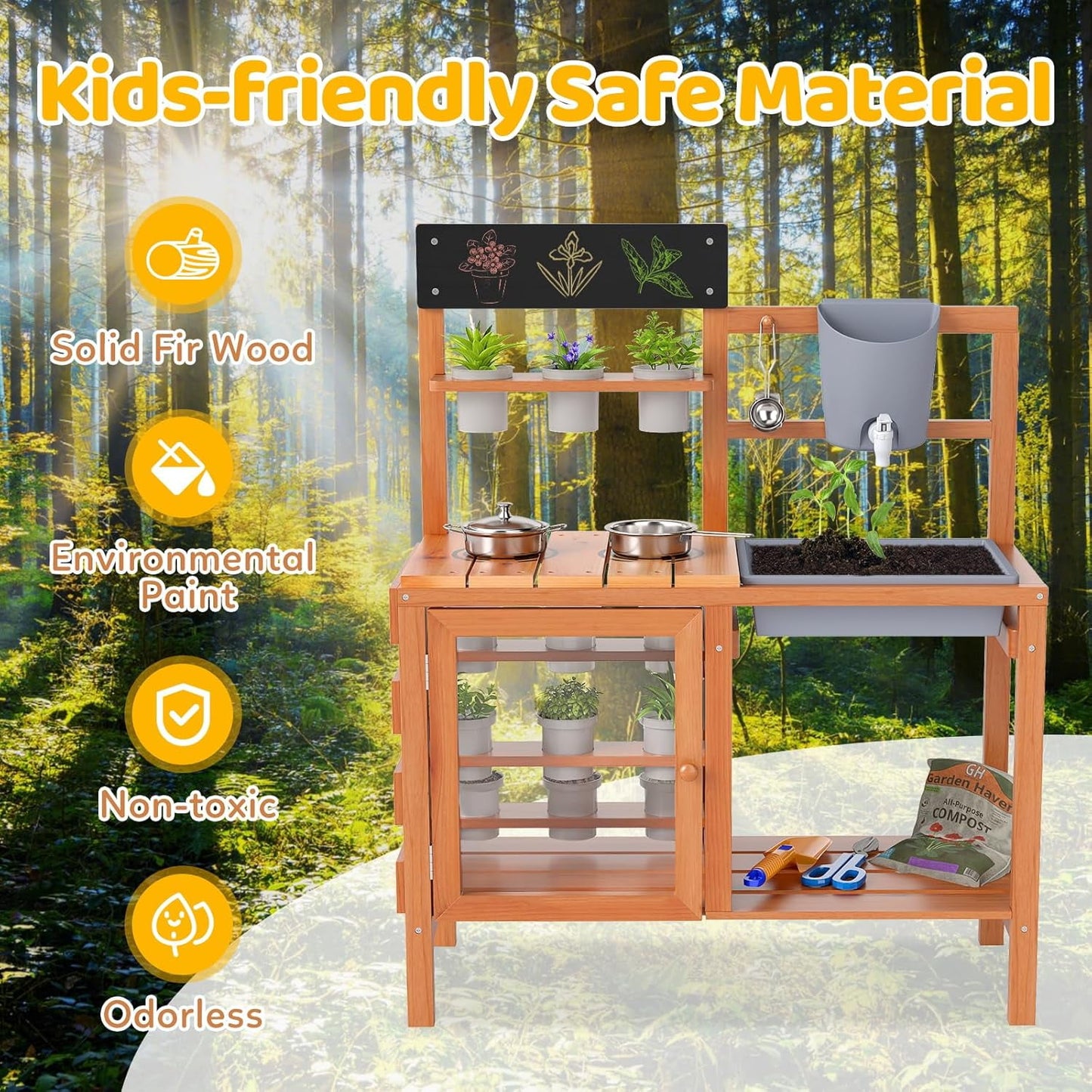 OLAKIDS Mud Kitchen for Kids Outdoor, Wooden Toddler Play Kitchen with Sink Faucet 12 Pots Chalkboard Stoves Storage Shelves, Children Potting Bench Table Pretend Toy Playset for Backyard Garden