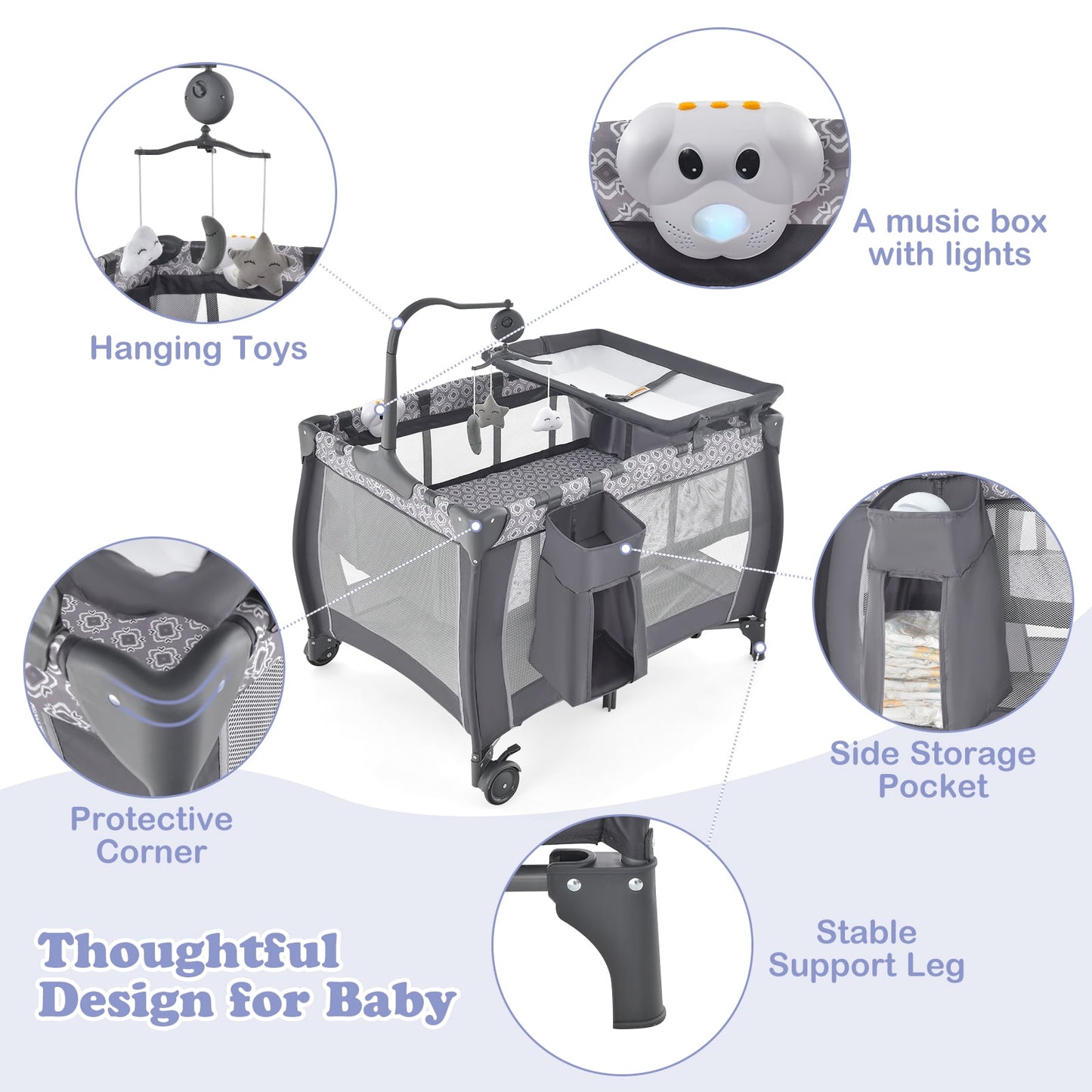 INFANS 3 in 1 Pack and Play, Portable Travel Baby Crib Bassinet with Detachable Mattress, Newborn Changing Table, Foldable Playpen with Carry Bag and 2 Wheels
