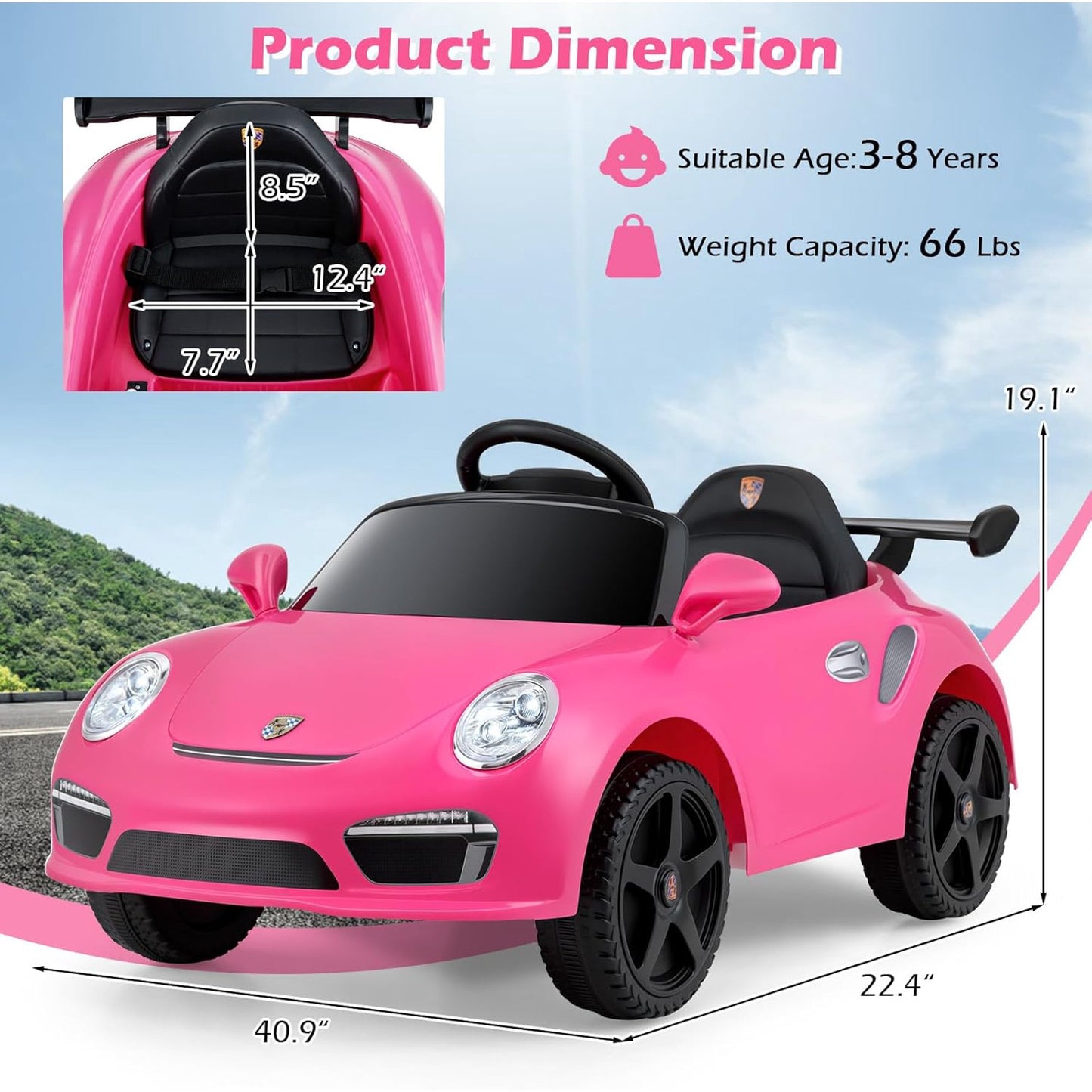Licensed Porsche 12V Pink Ride on Car by OLAKIDS, Electric Vehicle Battery Powered with Remote Control, Headlight, Bluetooth, Power Display, 4 Wheeler Toys for Kids Girls Boys