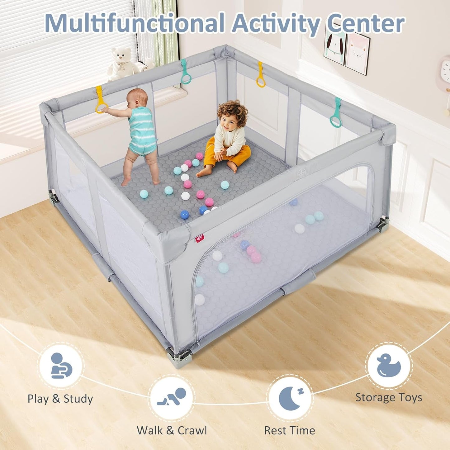 OLAKIDS Foldable Baby Playpen with Mat, 59” x 59” Large Baby Play Yard for Infant with 50 Ocean Balls, 4 Handlers, Carry Bag, Indoor Outdoor Fence Toddler Activity Center