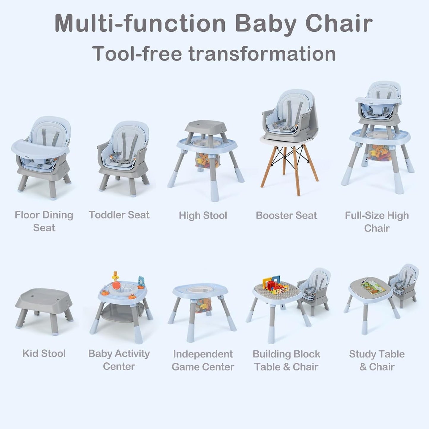 INFANS 9 in 1 High Chair, Convertible Baby Highchair for Babies and Toddlers, Table and Chair Set Building Block Infant Dining Booster Seat, Kids Stool with Activity Children Play Kitchen
