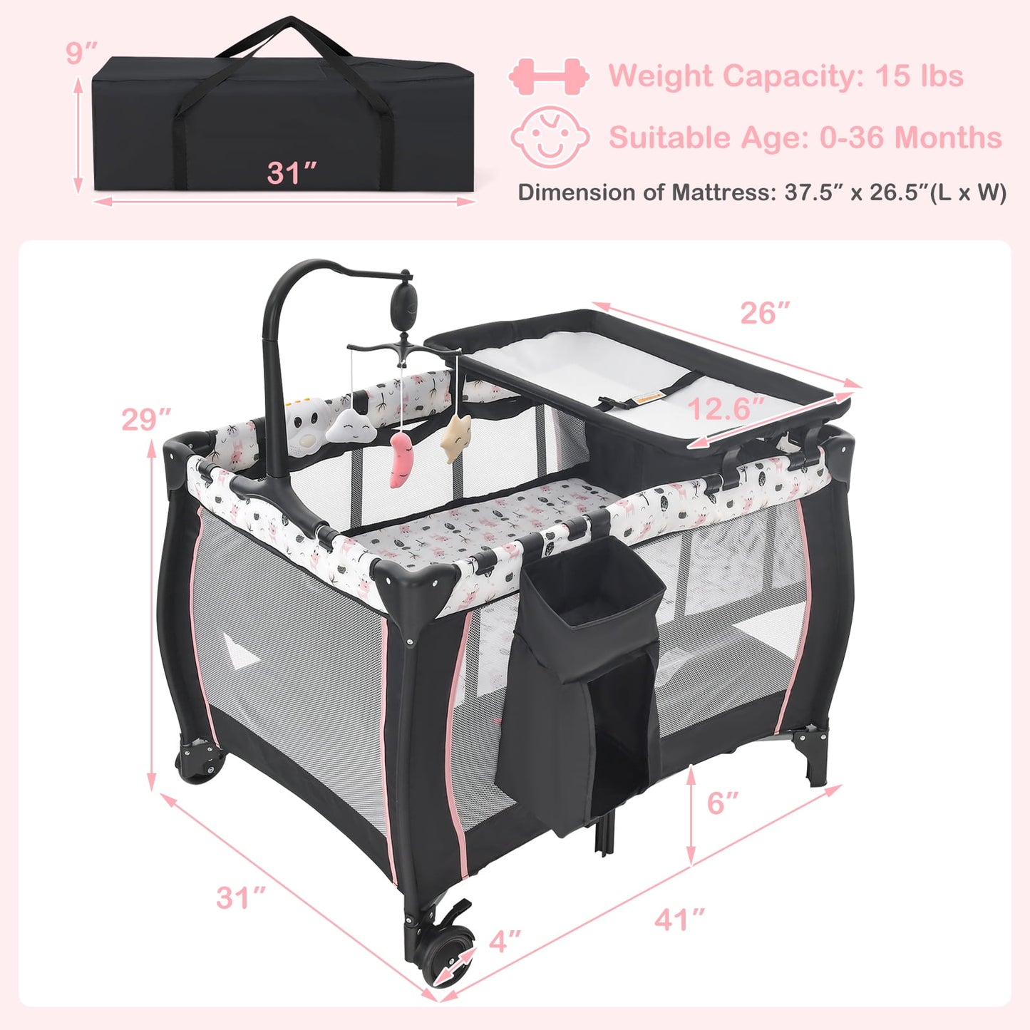 INFANS 3 in 1 Pack and Play, Portable Travel Baby Crib Bassinet with Detachable Mattress, Newborn Changing Table, Foldable Playpen with Carry Bag and 2 Wheels
