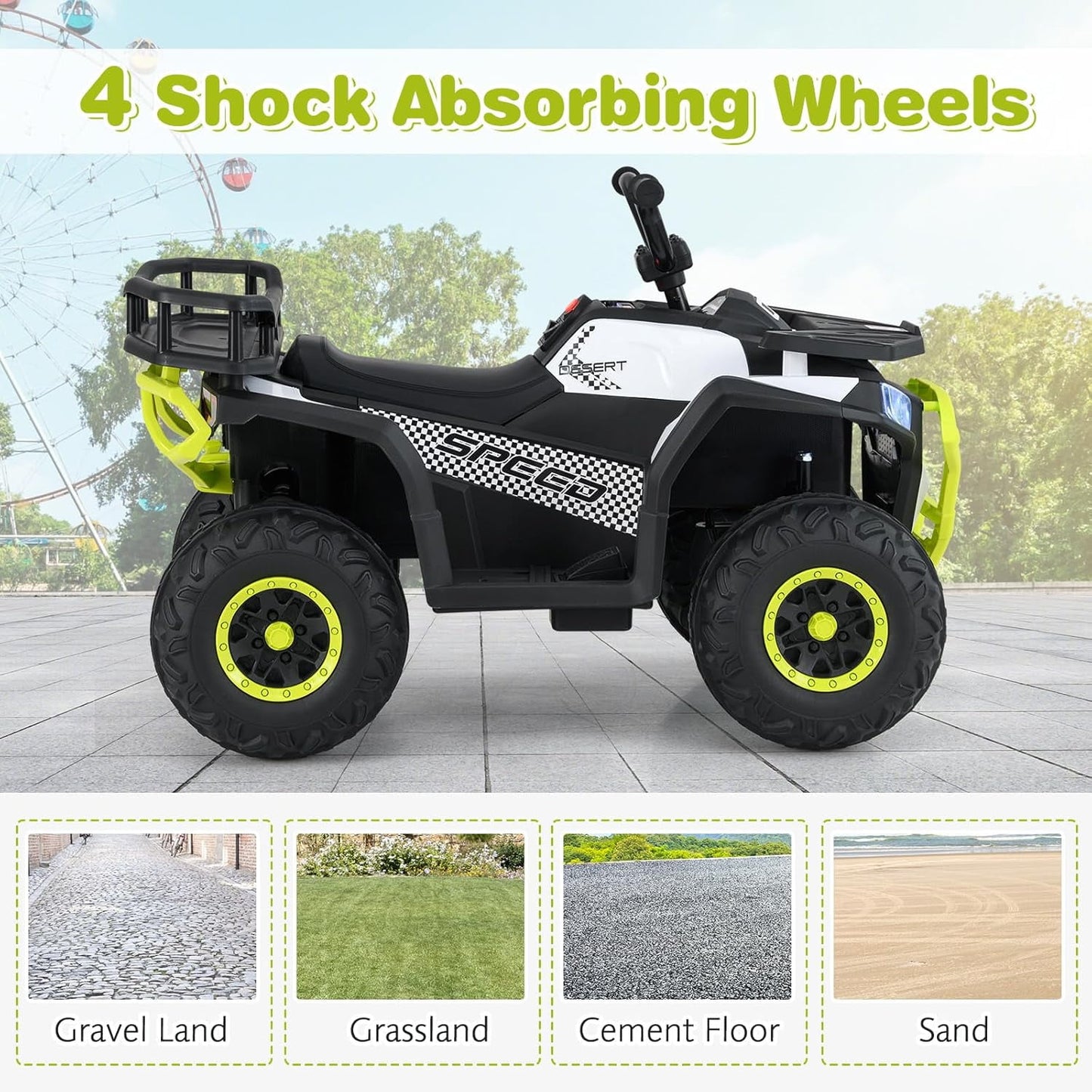 OLAKIDS 24V Ride on Car, Kids ATV Quad with Bluetooth, Music, LED Lights, Power Display, Rear Storage Rack, Spring Suspension, Electric 4 Wheeler for Kids Boys Girls Aged 3+ Years