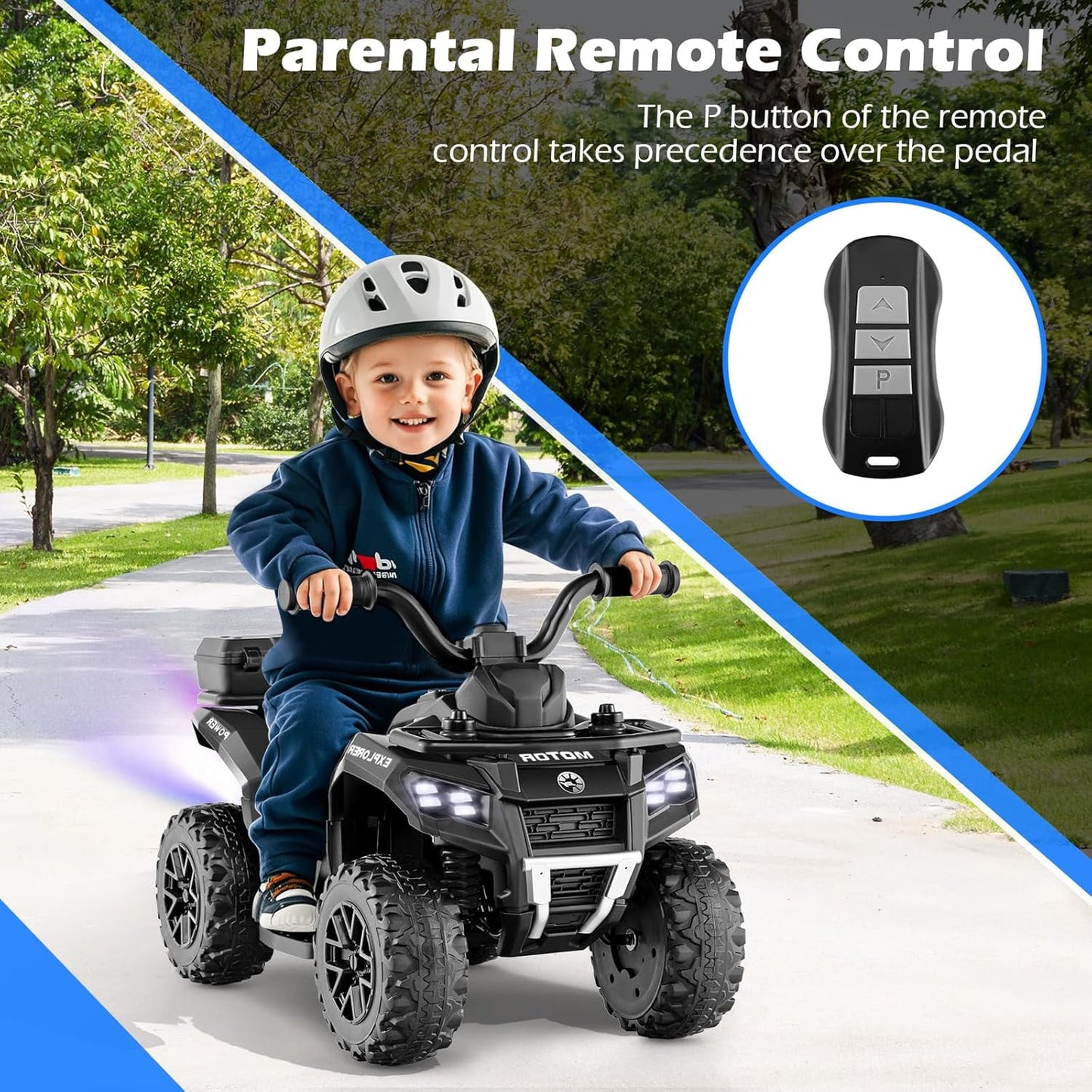 OLAKIDS Kids ATV with Spray Function, Remote Control, Storage Trunk, 6V Electric Toddler Ride on Toy