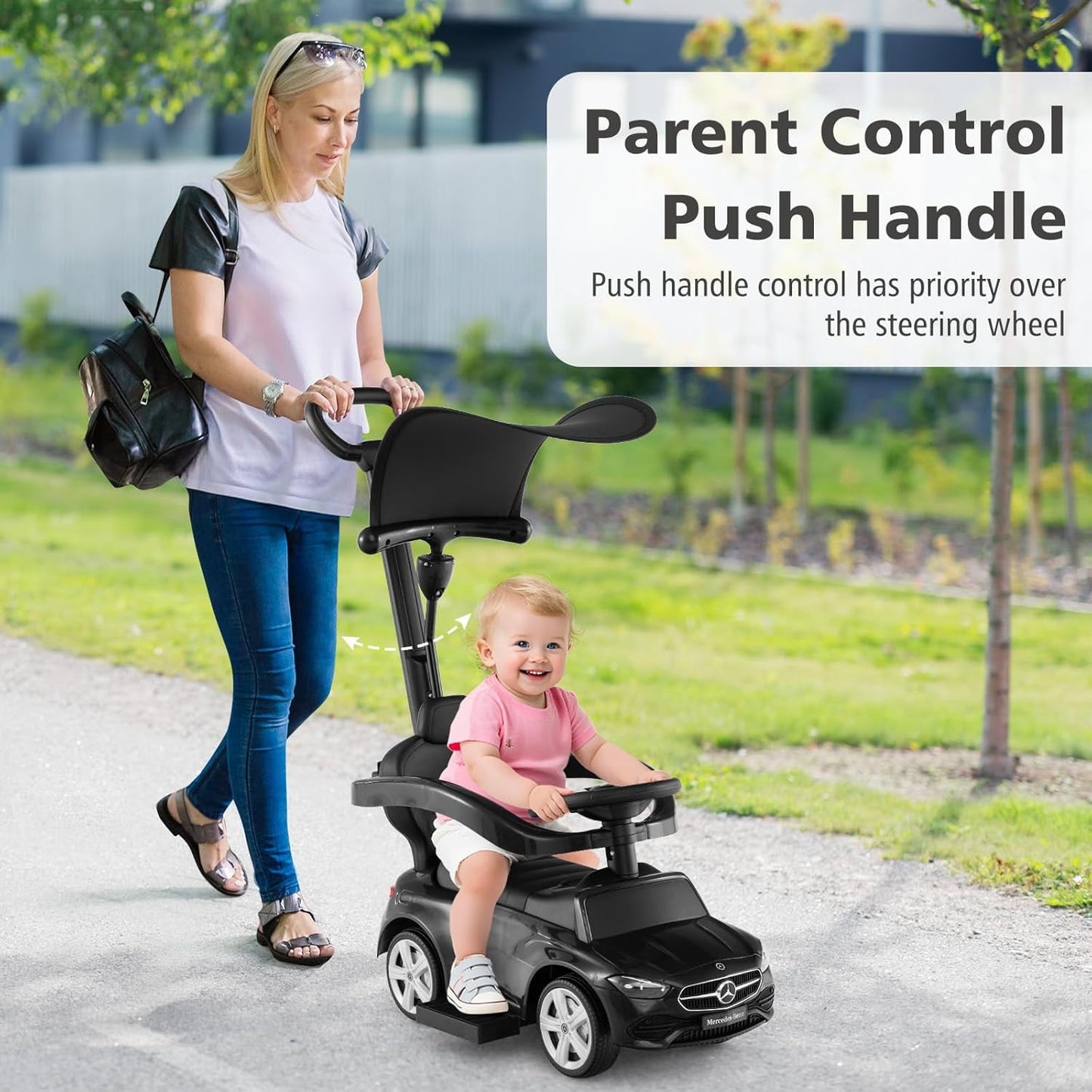 Licensed Mercedes Benz Push Car for Toddlers by OLAKIDS, 3 in 1 Baby Stroller Sliding Walking Car with Canopy, Parent Control Handle, Horn, Storage, Foot-to-Floor Ride on Toys for Boys Girls