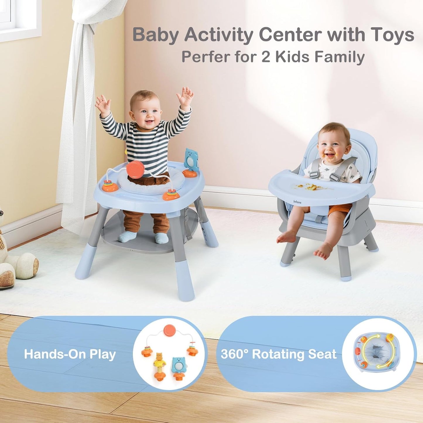 INFANS 9 in 1 High Chair, Convertible Baby Highchair for Babies and Toddlers, Table and Chair Set Building Block Infant Dining Booster Seat, Kids Stool with Activity Children Play Kitchen