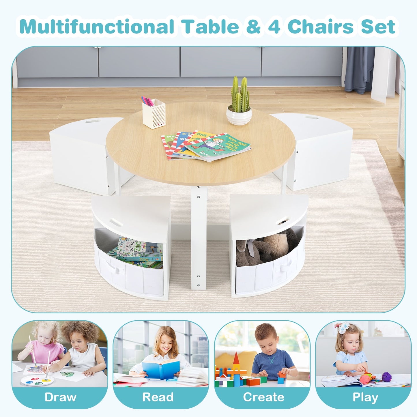 OLAKIDS Toddler Table and Chair Set, Wooden Table and 4 Chairs with Nesting Design, Storage Drawers, Children Multi-Activity Table for Art, Crafts, Draw, Read for Boys Girls Aged 3+