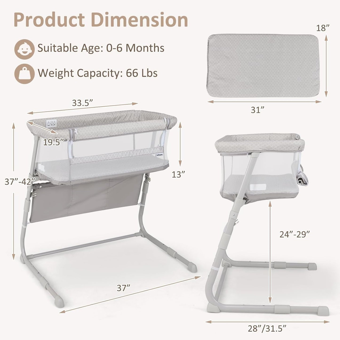 OLAKIDS Baby Bedside Bassinet, Over-Bed Baby Bassinet with Adjustable Height, Safe Close Sleeping, Storage, Lowering Wall for Easy Access, Newborn Girls Boys Aged 6-18 Months