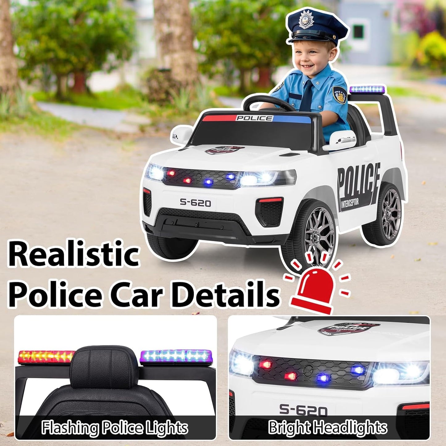 OLAKIDS Ride on Police Car, 12V Kids Battery Powered Electric Vehicle with Siren, Flashing Lights, Bluetooth, Music, MP3, USB, Power Display, Spring Suspension, Aged 3-8 Years