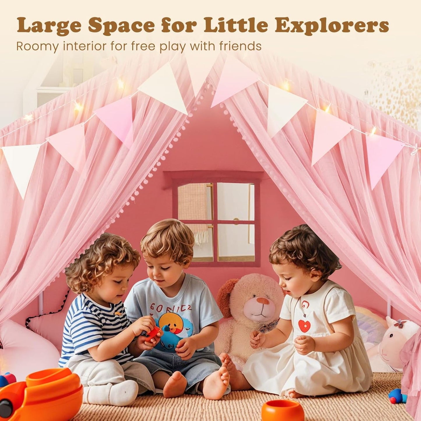 OLAKIDS Kids Play Tent, Large Size Playhouse with Washable Cotton Mat Star Light Windows Plaid Pennants, 57.5” x 38” x 52.5”, Indoor Outdoor Princess Tents Castle for Toddlers Age 3+ Years Old
