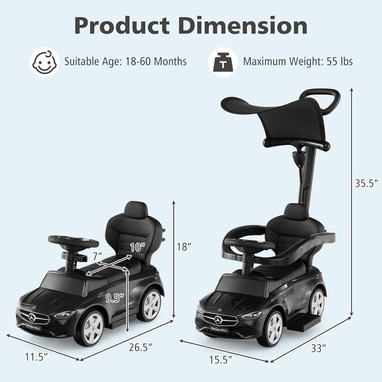 Licensed Mercedes Benz Push Car for Toddlers by OLAKIDS, 3 in 1 Baby Stroller Sliding Walking Car with Canopy, Parent Control Handle, Horn, Storage, Foot-to-Floor Ride on Toys for Boys Girls