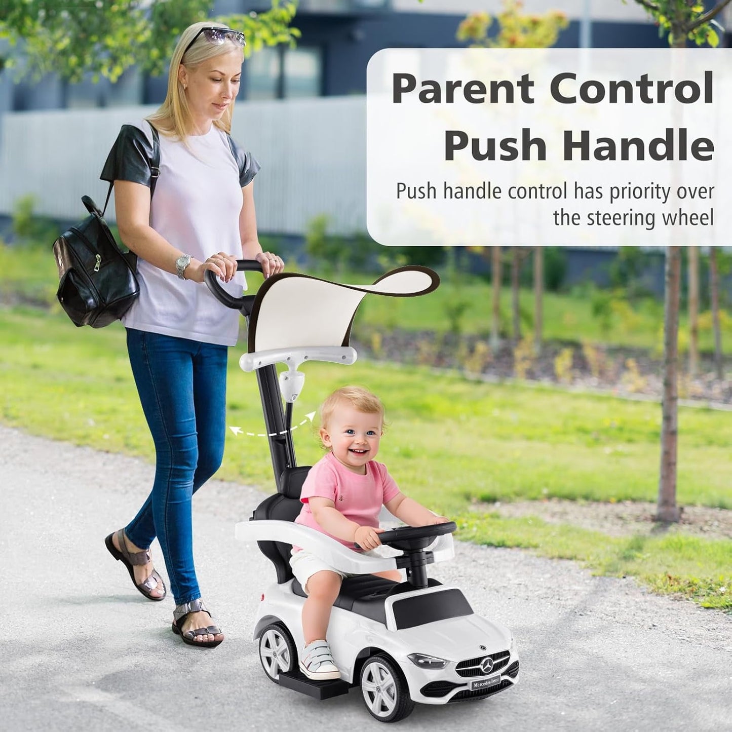 Licensed Mercedes Benz Push Car for Toddlers by OLAKIDS, 3 in 1 Baby Stroller Sliding Walking Car with Canopy, Parent Control Handle, Horn, Storage, Foot-to-Floor Ride on Toys for Boys Girls