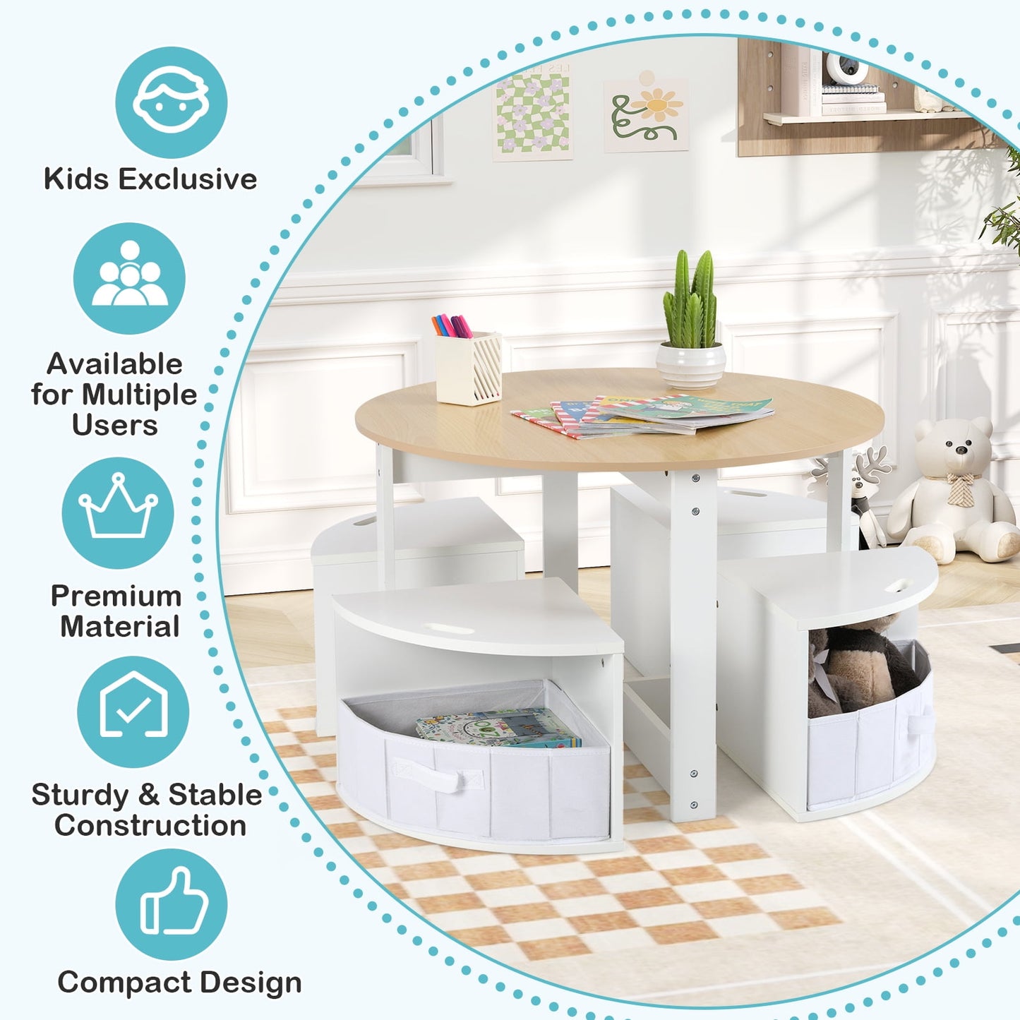 OLAKIDS Toddler Table and Chair Set, Wooden Table and 4 Chairs with Nesting Design, Storage Drawers, Children Multi-Activity Table for Art, Crafts, Draw, Read for Boys Girls Aged 3+
