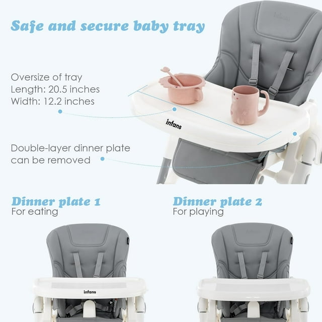 INFANS High Chair for Babies & Toddlers, Foldable Highchair with Multiple Adjustable Backrest Footrest Seat Height, Removable Tray, Detachable PU Leather Cushion, Built-in Rear Wheels