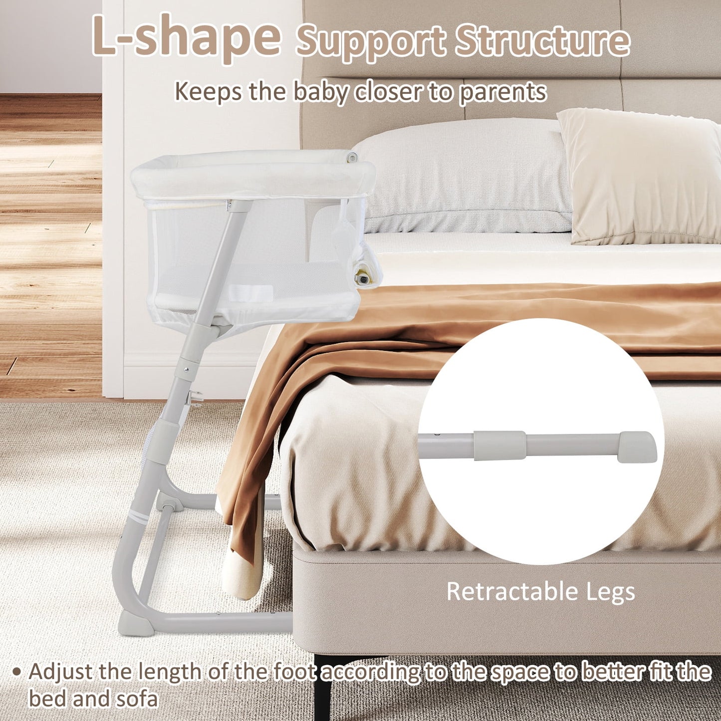 OLAKIDS Baby Bedside Bassinet, Over-Bed Baby Bassinet with Adjustable Height, Safe Close Sleeping, Storage, Lowering Wall for Easy Access, Newborn Girls Boys Aged 6-18 Months