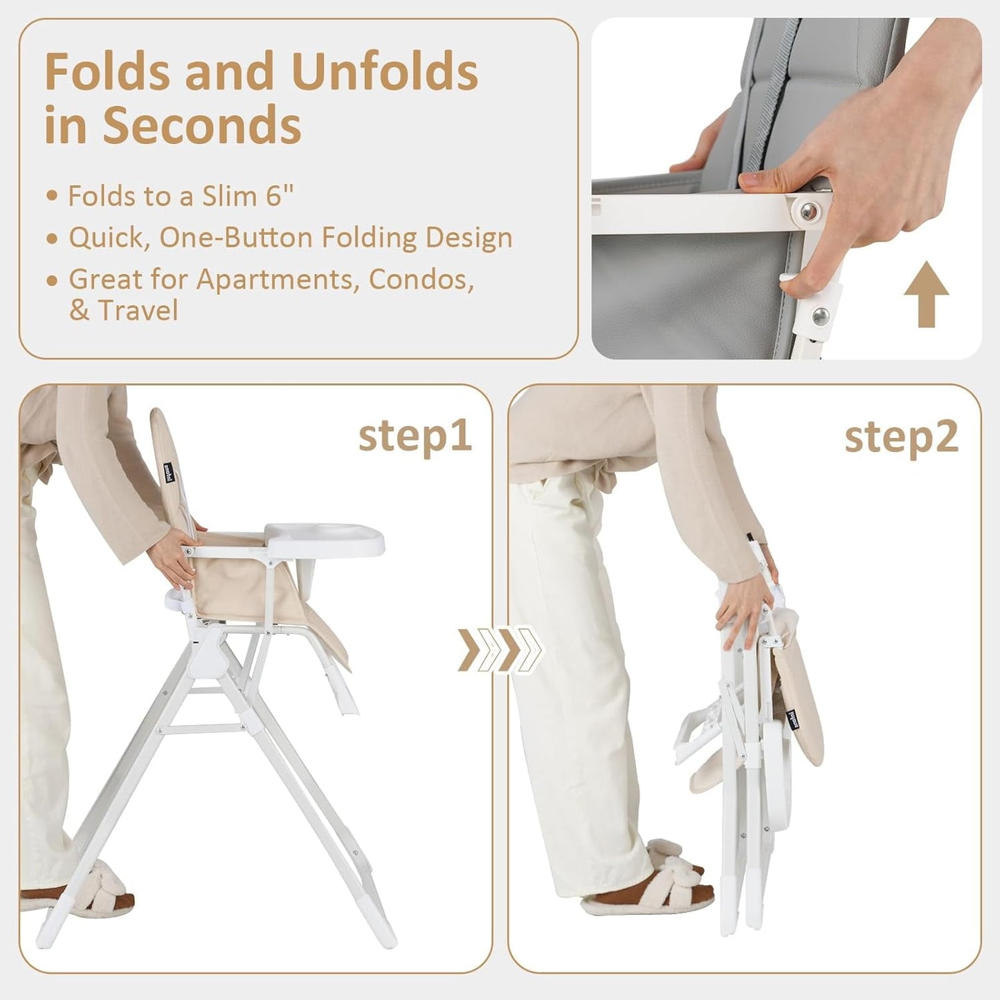 OLAKIDS Baby High Chair, Quick Folding Portable Highchair for Babies and Toddlers with Adjustable Footrest Removable Dishwasher Tray PU Seat, Compact Highchairs for Baby Age 6-36 Months