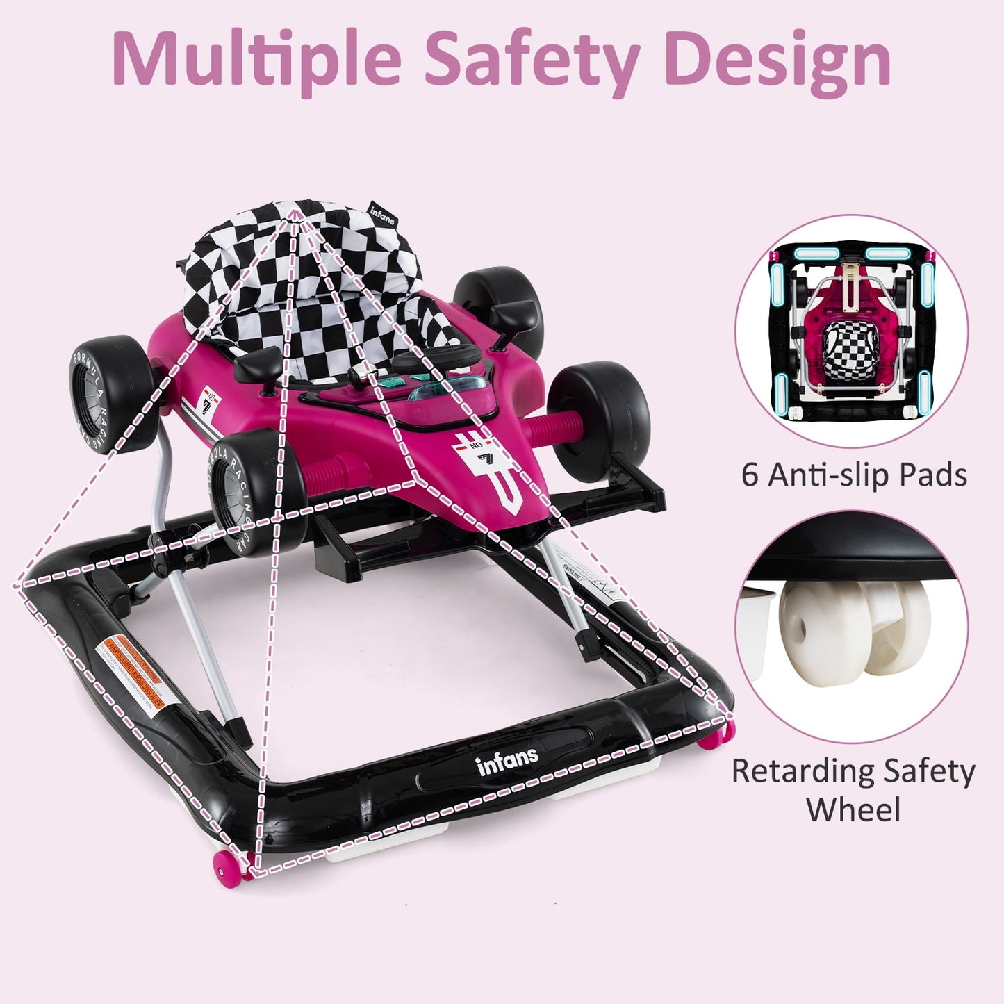 OLAKIDS 4 in 1 Baby Walker, Foldable Toddler Activity Center with Adjustable Height, Padded Seat, Music, Light, Removable Toy Tray, Push Walker for Girls Boys Aged 6-18 Months