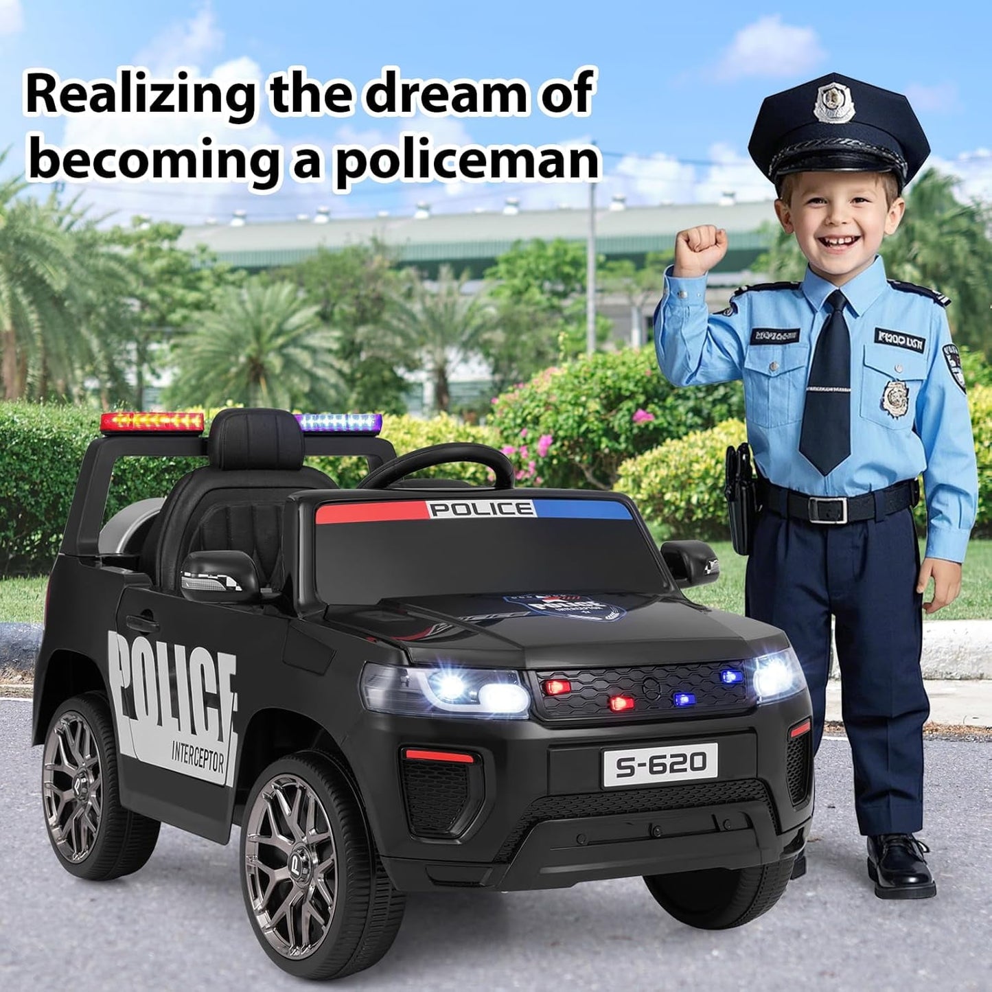 OLAKIDS Ride on Police Car, 12V Kids Battery Powered Electric Vehicle with Siren, Flashing Lights, Bluetooth, Music, MP3, USB, Power Display, Spring Suspension, Aged 3-8 Years
