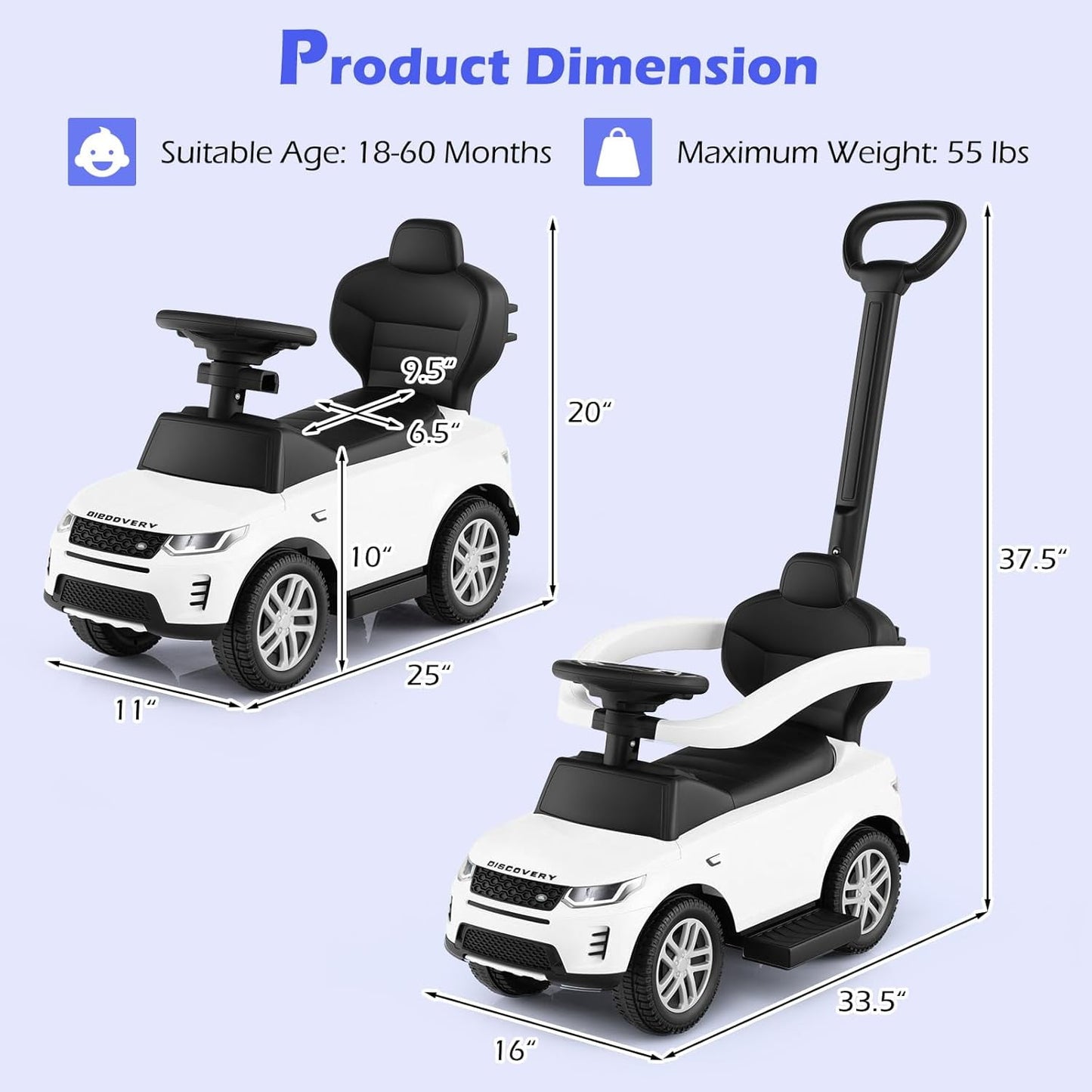 Licensed Land Rover Push Car for Toddlers by OLAKIDS, 3 in 1 Baby Stroller Sliding Walking Car with Parent Control Handle, Horn, Storage, Foot-to-Floor Ride on Toys for Boys Girls