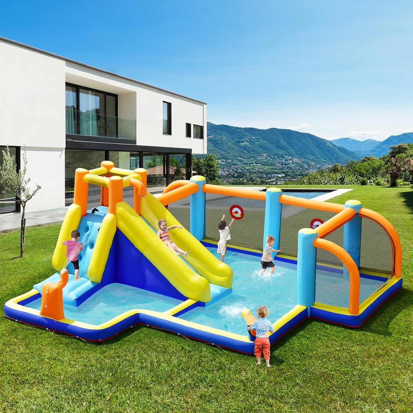 OLAKIDS Inflatable Water Slide, 8 in 1 Bounce House Water Park with Soccer Goals Splash Pool Climbing Wall Water Guns Target Game, Outdoor Inflatable Obstacle Course Backyard (without Blower)