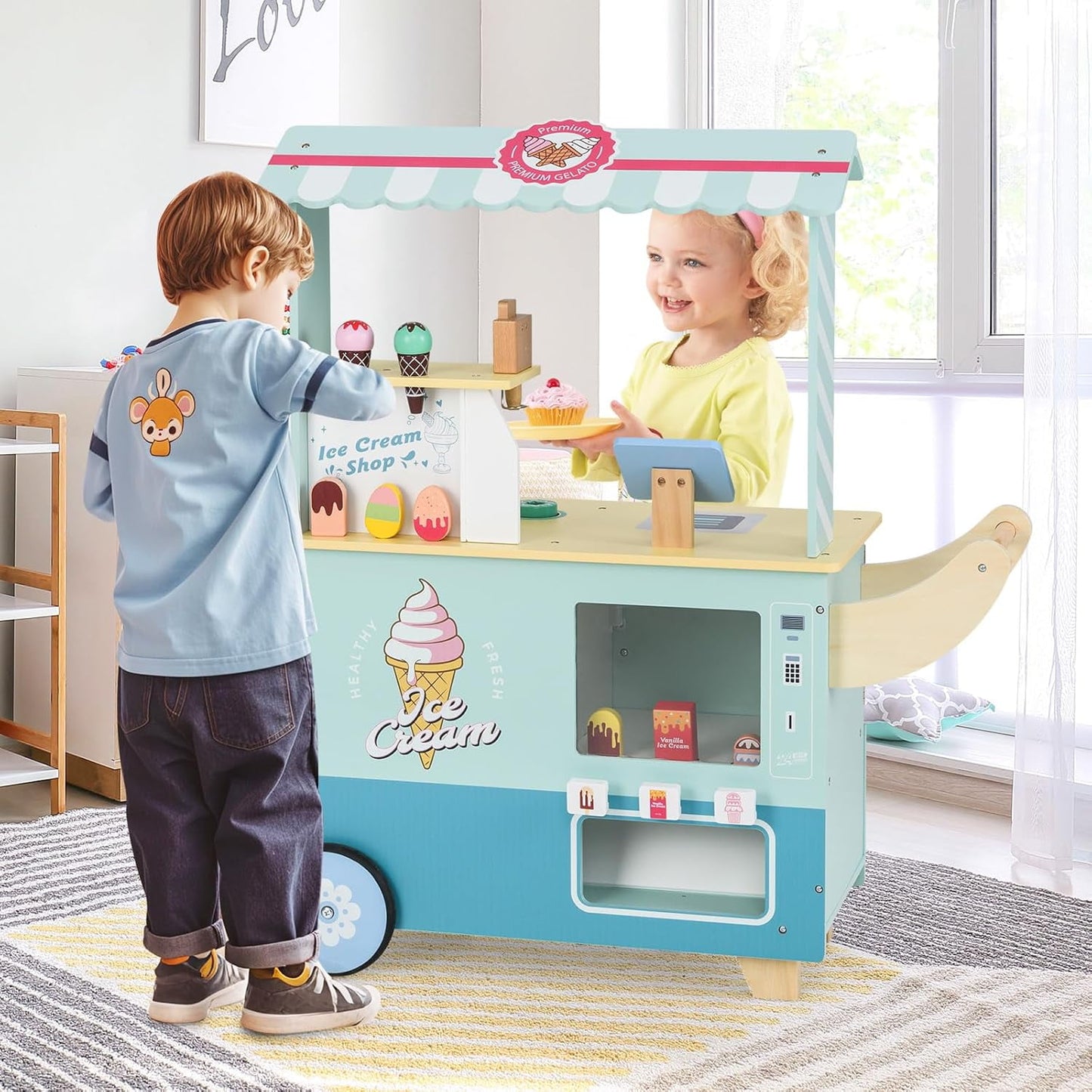 OLAKIDS Wooden Grocery Store Marketplace Toy, Market Stand Shop Pretend Play Set with Universal Wheel Food Scale Cash Register Beverage Rack 30 Accessories Gift for Ages 3+