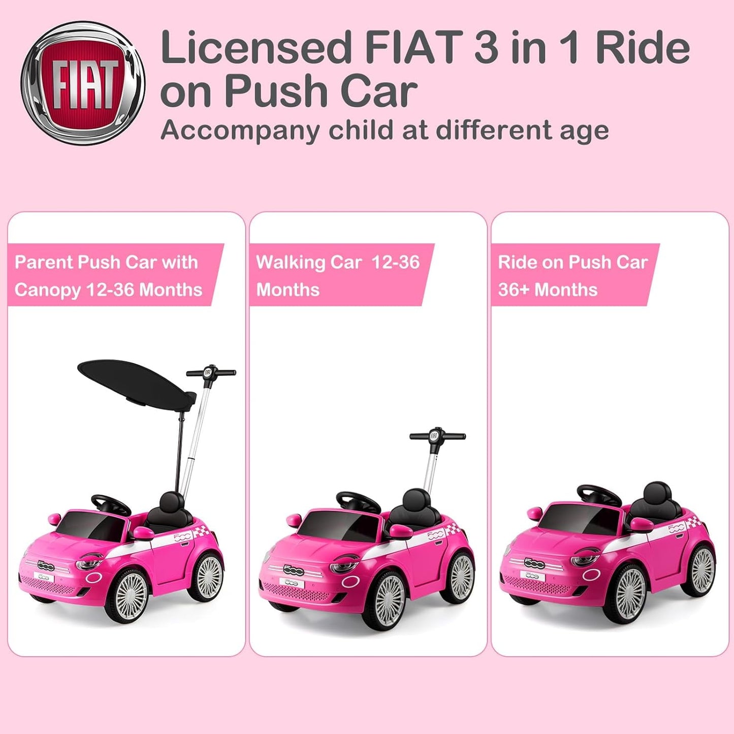 Licensed Fiat 500 Ride on Push Car by OLAKIDS, 3 in 1 Baby Stroller Sliding Walking Car with Retractable Footrest, Parent Control Handle, Horn, Foot-to-Floor Toys for Kids Toddlers 18 Month+