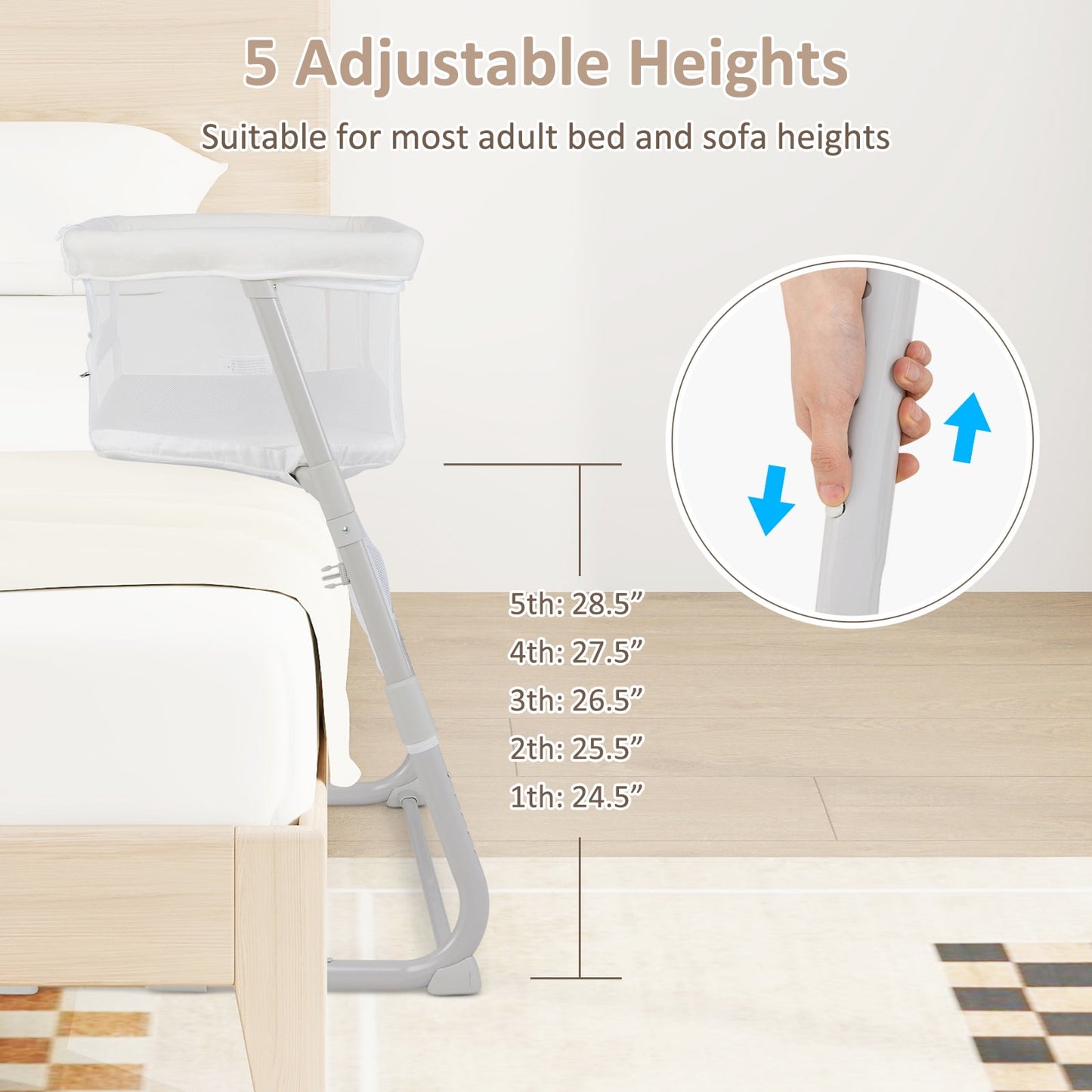 OLAKIDS Baby Bedside Bassinet, Over-Bed Baby Bassinet with Adjustable Height, Safe Close Sleeping, Storage, Lowering Wall for Easy Access, Newborn Girls Boys Aged 6-18 Months