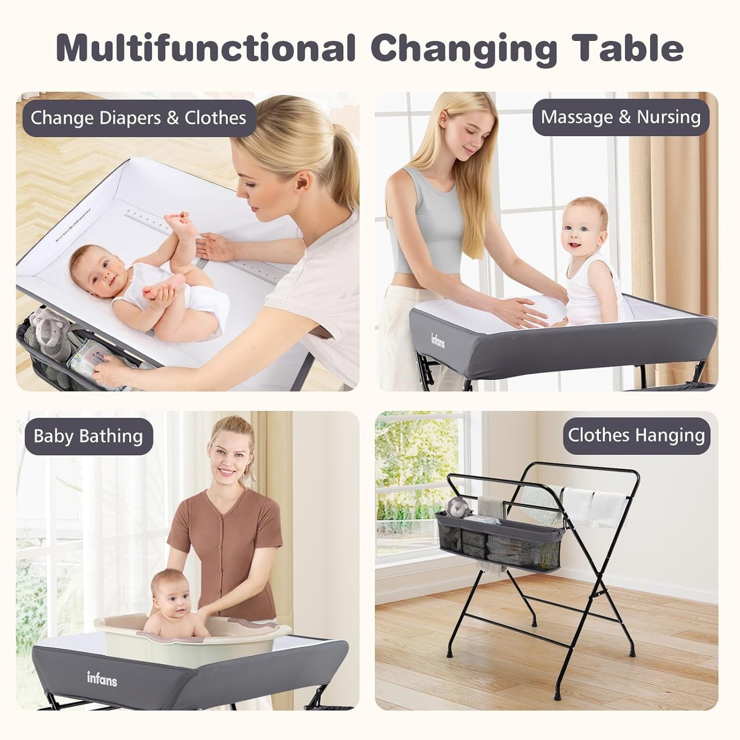 INFANS Baby Changing Table with Wheels, Portable Folding Diaper Station Nursery Organizer with Storage Basket, Hanging Rack, Adjustable Height, Safety Belt for Newborn Infant