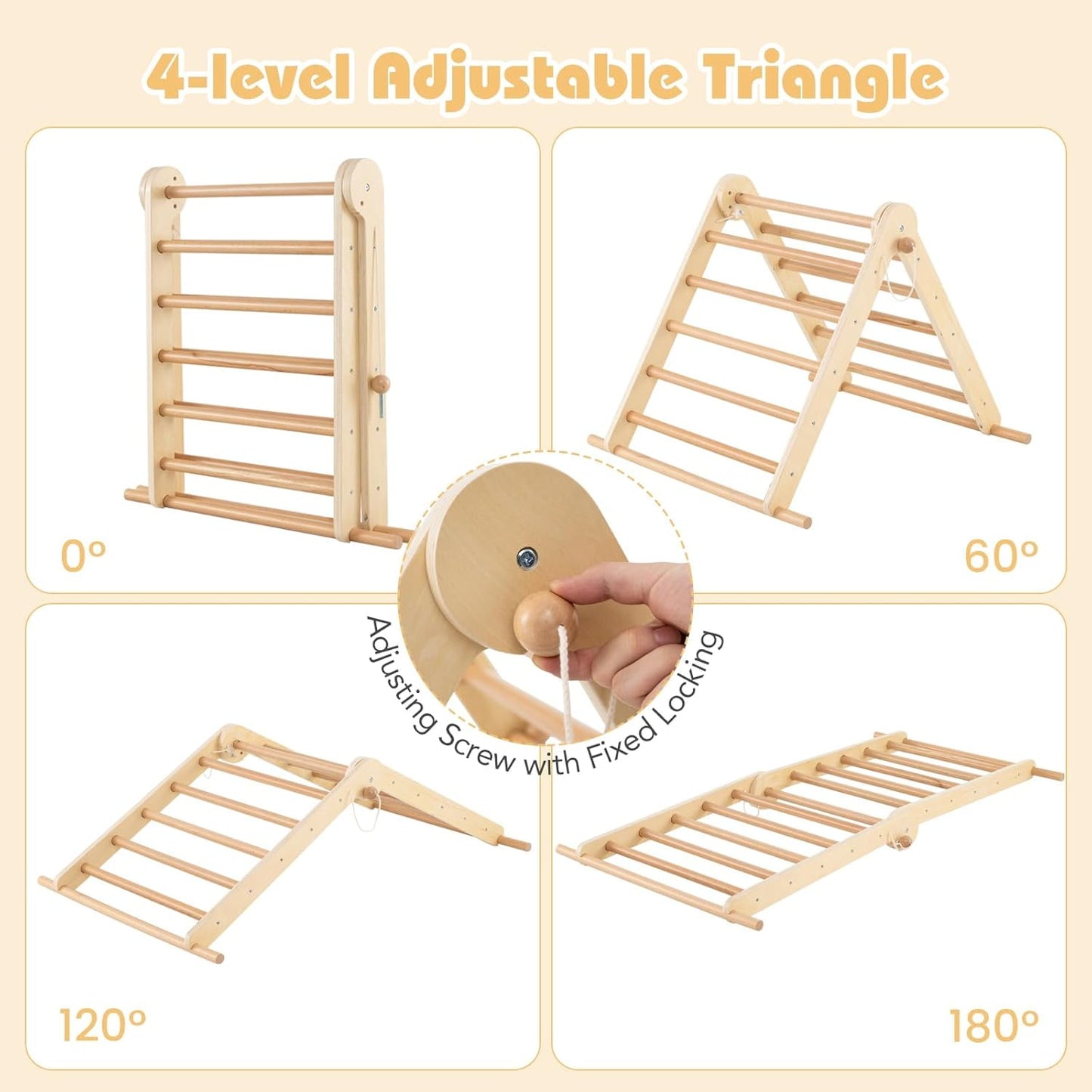 OLAKIDS Pikler Triangle Set 7 in 1 Climbing Toys for Toddlers Foldable Baby Wood Montessori Jungle Gym with Angle Adjustable Ladder Seesaw Ramp Indoor Playground