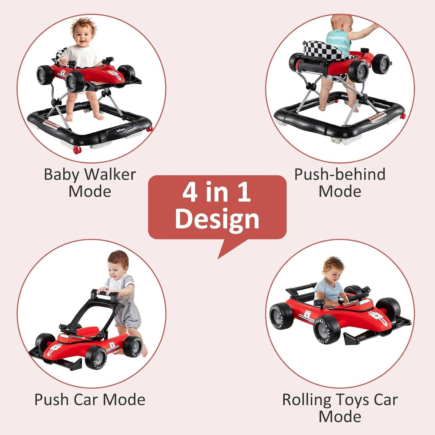 OLAKIDS 4 in 1 Baby Walker, Foldable Toddler Activity Center with Adjustable Height, Padded Seat, Music, Light, Removable Toy Tray, Push Walker for Girls Boys Aged 6-18 Months