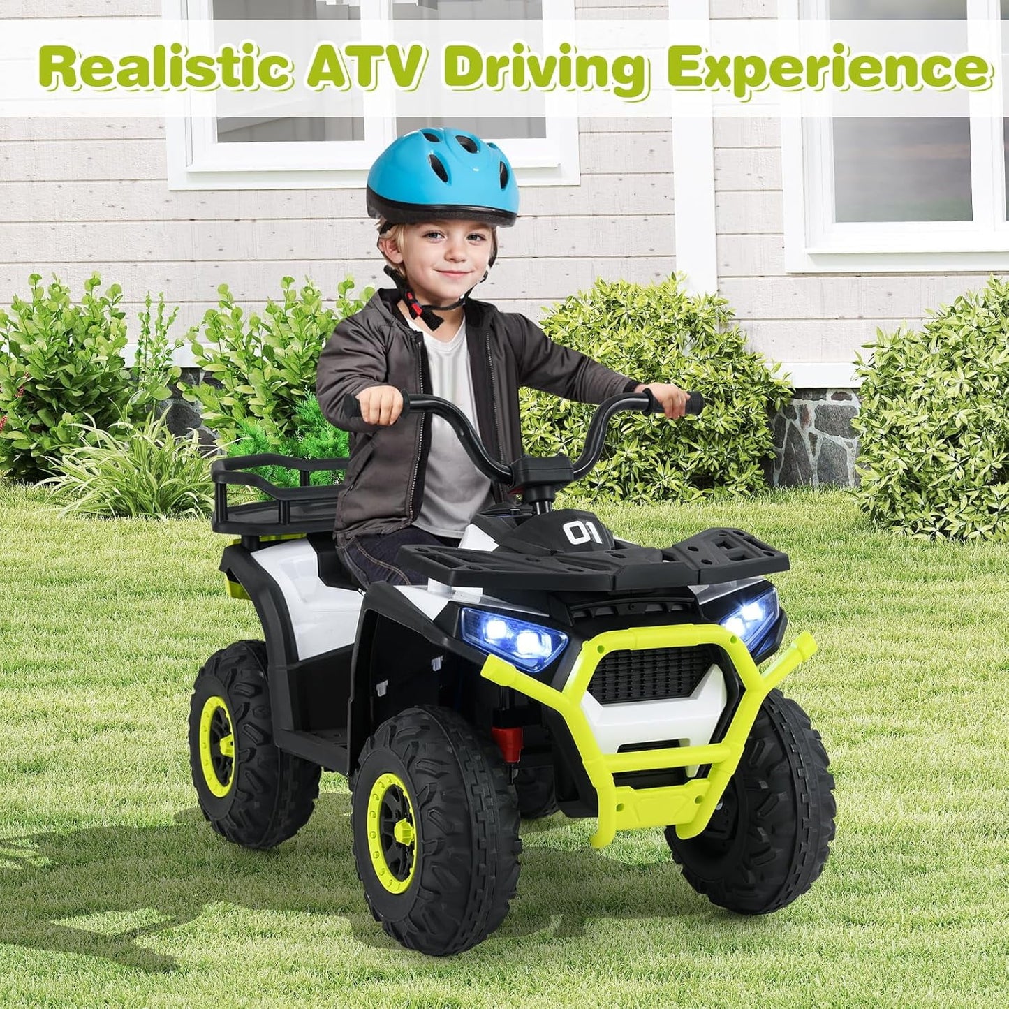 OLAKIDS 24V Ride on Car, Kids ATV Quad with Bluetooth, Music, LED Lights, Power Display, Rear Storage Rack, Spring Suspension, Electric 4 Wheeler for Kids Boys Girls Aged 3+ Years