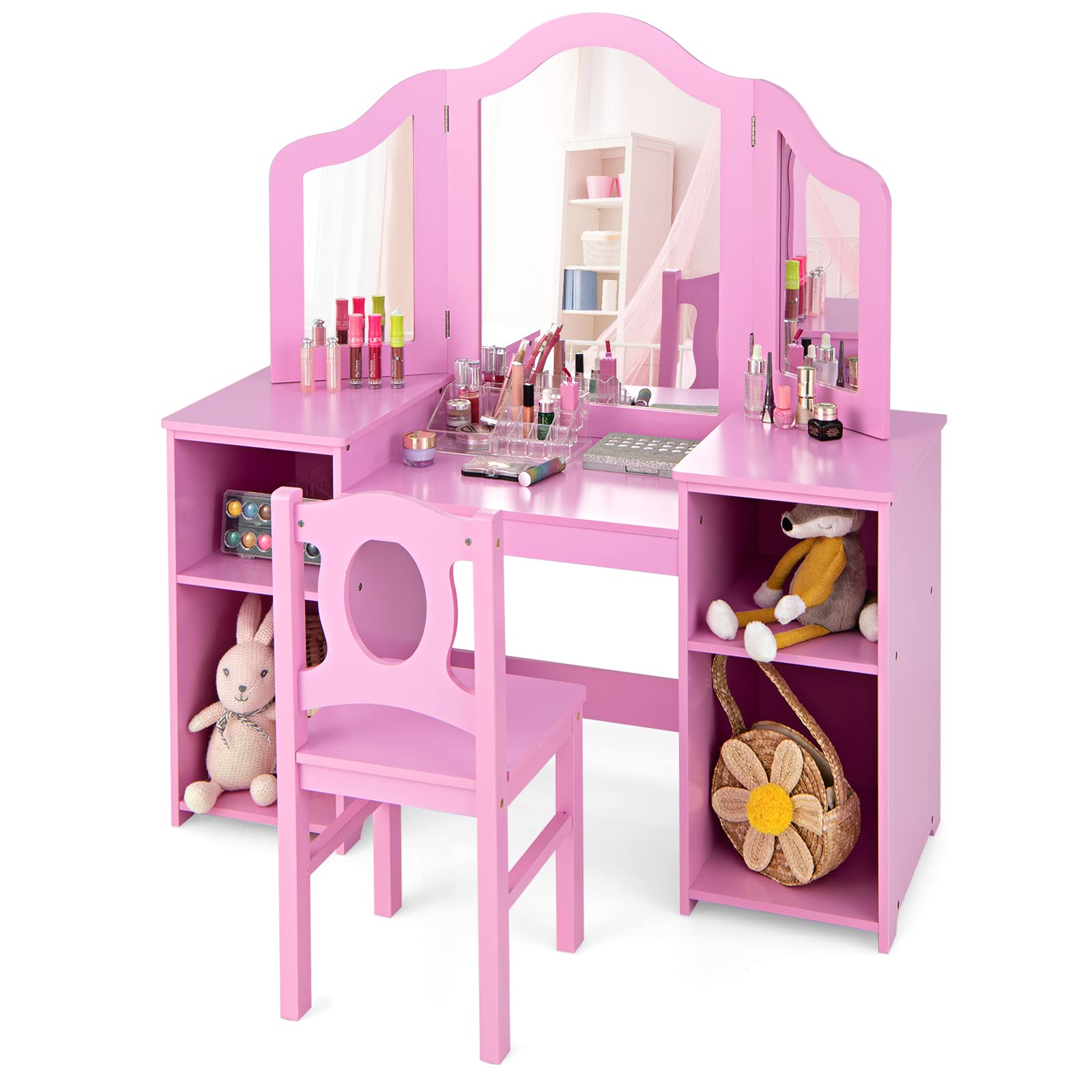 2 in 1 Princess Makeup Desk & Chair Set with Tri-Folding Detachable Mirror OLAKIDS