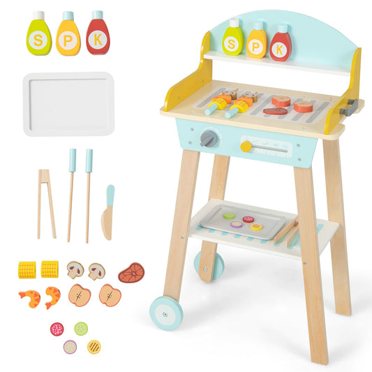 OLAKIDS Kids Grill Playset, Wooden Pretend BBQ Toy Set with 21 Food Accessories, Role Play Kitchen Cooking Set